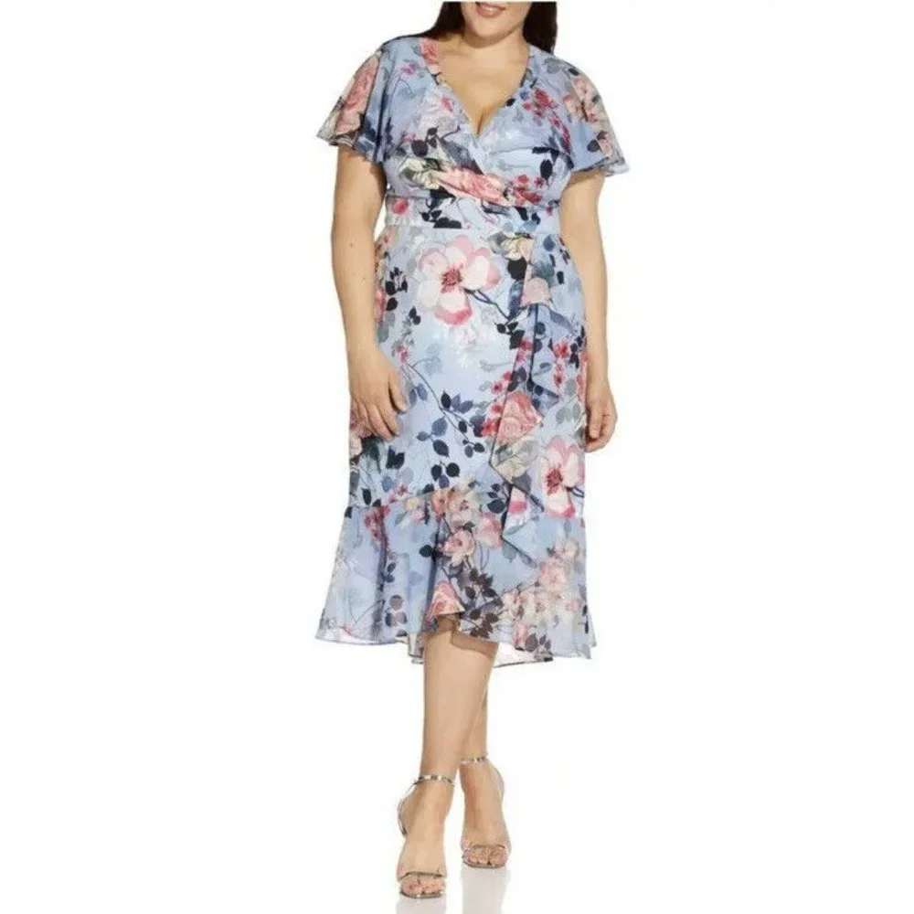 Adrianna Papell Women’s Blue Floral Ruffle Dress Plus Size 24W NEW